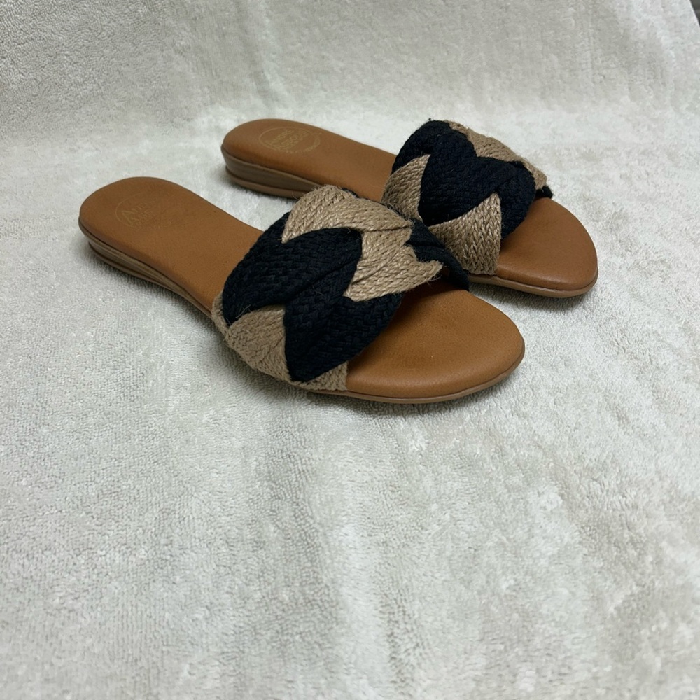 Andre Assous Braided Slide Sandals in Black and Tan